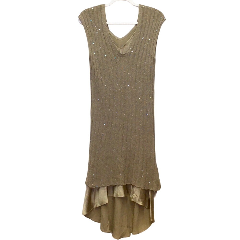 Brunello Cucinelli Linen Silk Sleeveless Dress Large Tan Sequin Knit Stretch
